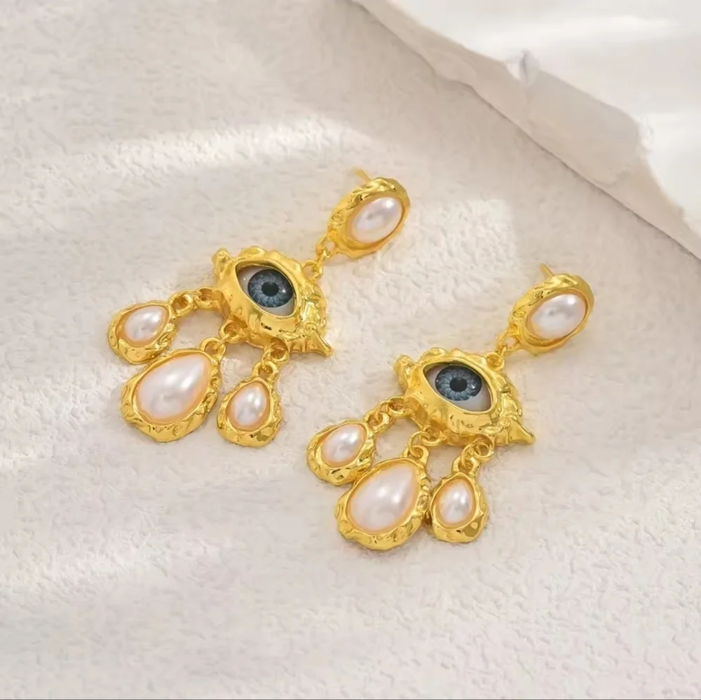 Gold-Tone Evil Eye Drop Earrings with Pearl Accents